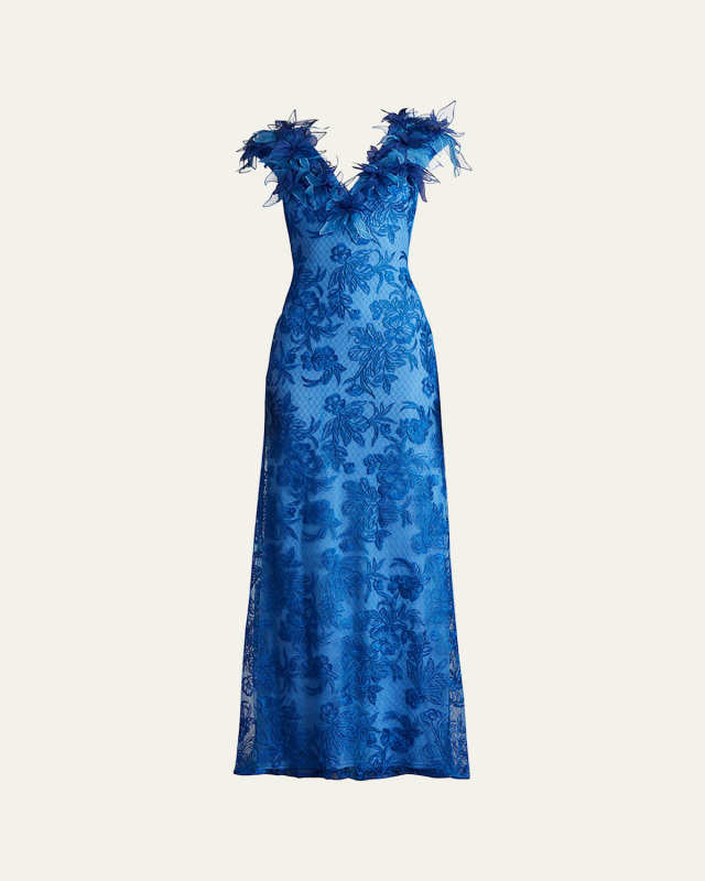 A-Line Floral-Embroidered Applique Gown